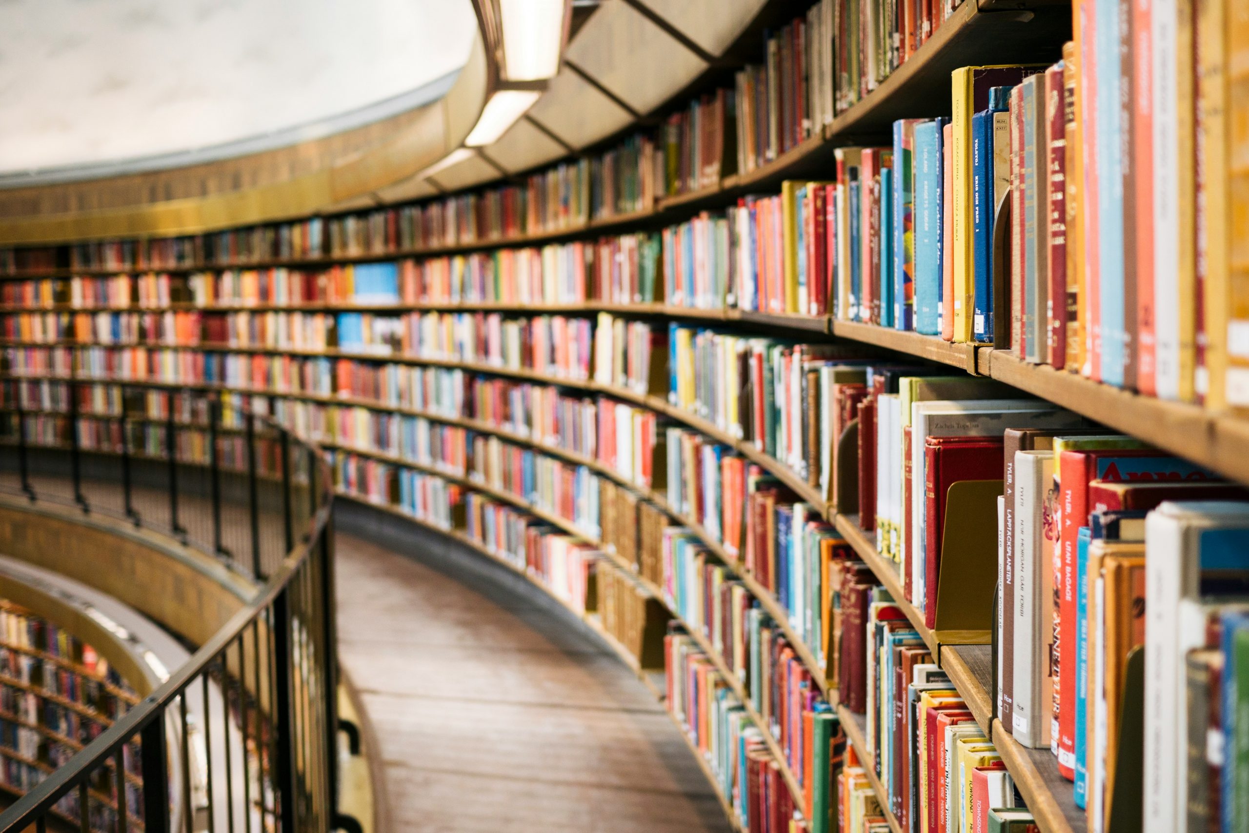 L’immagine rappresenta degli scaffali di una biblioteca che creano una scaffalatura semicircolare che si spinge in lontananza creando profondità. I libri sugli scaffali sono di colori diversi tra loro e sono molti. Man mano che si va verso il fondo l’immagine diventa più sfocata. 
